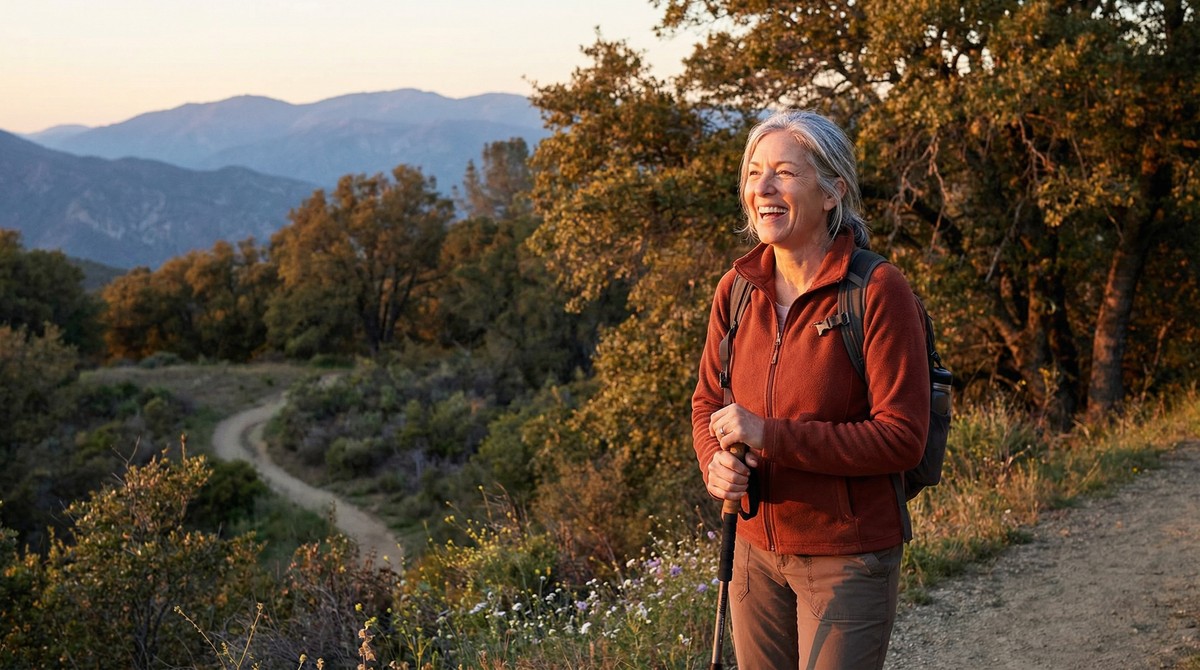 Couple walking on a scenic trail, smiling and active