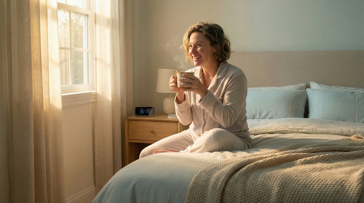 Same person comfortably holding coffee mug