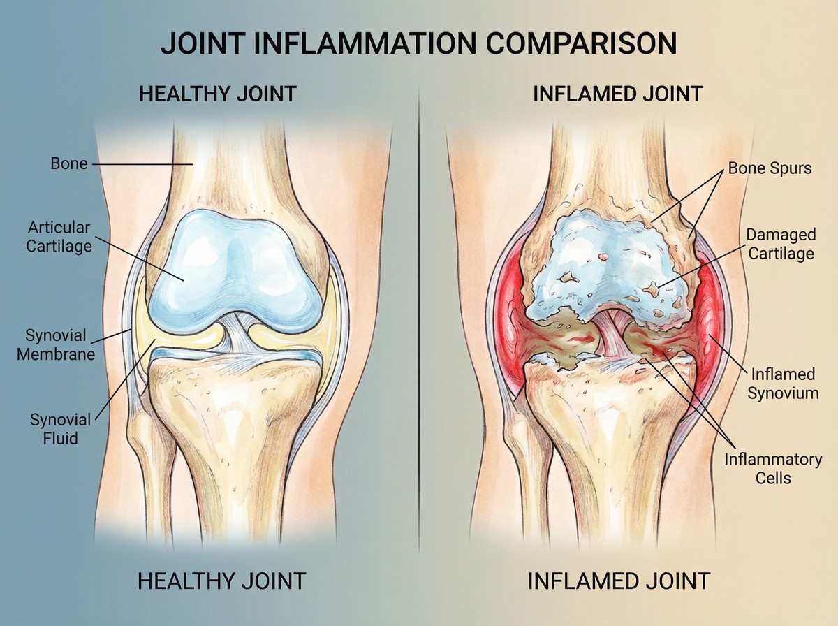 Medical illustration showing healthy vs inflamed joint