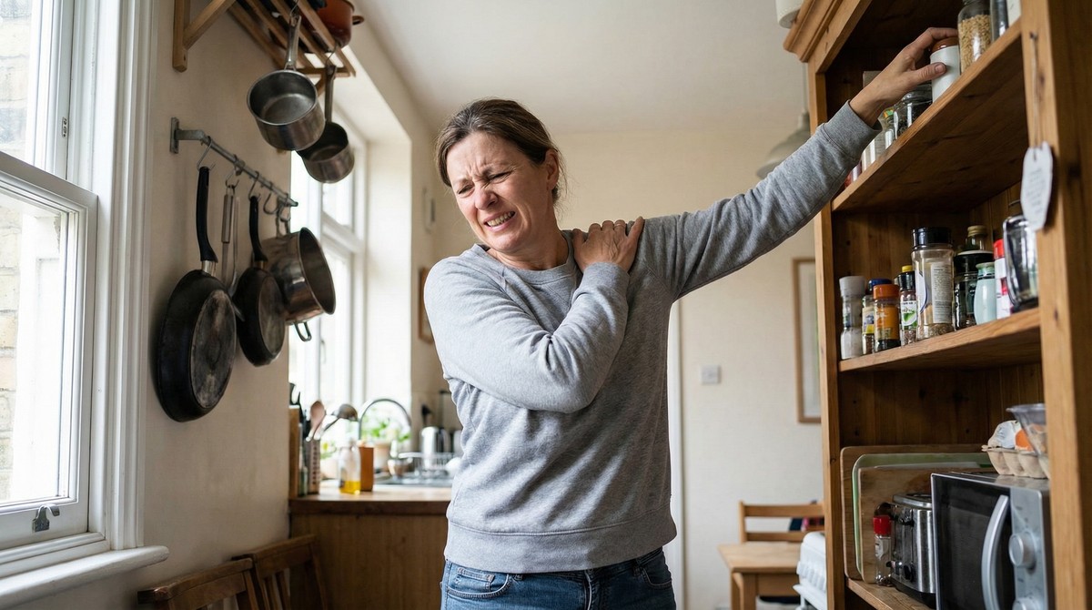 Person wincing while reaching for overhead shelf, hand on shoulder