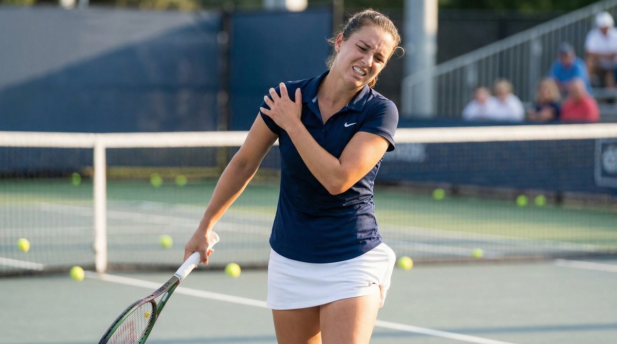 Tennis player with limited serve motion, holding shoulder