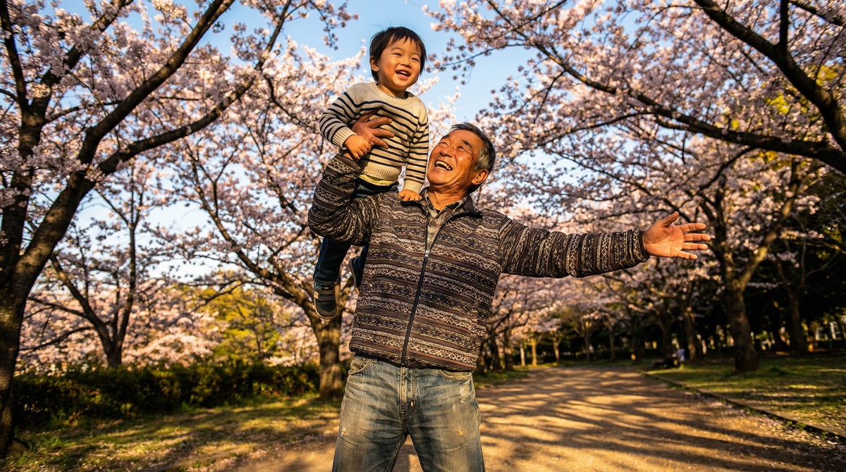 Senior lifting grandchild overhead joyfully