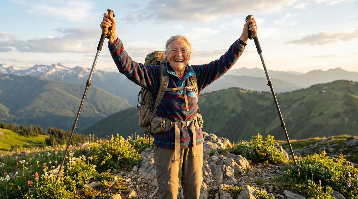 Active senior with arms raised victoriously while hiking