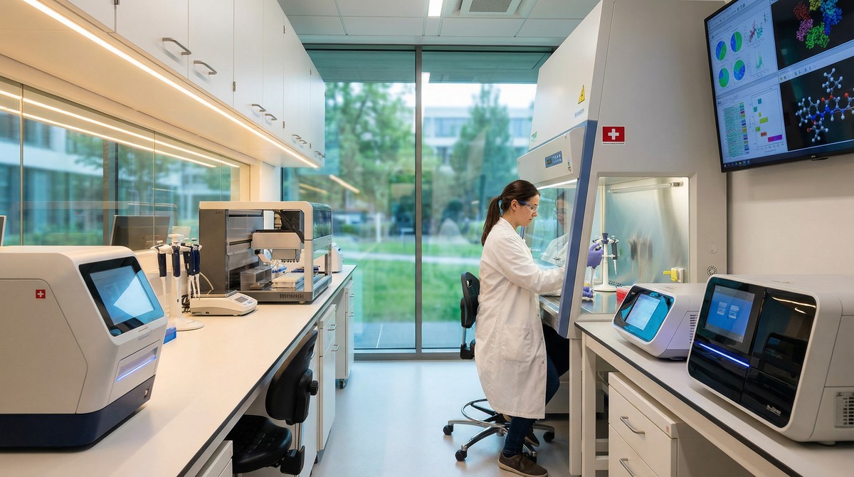 Scientists working in a Swiss-designed cell therapy laboratory